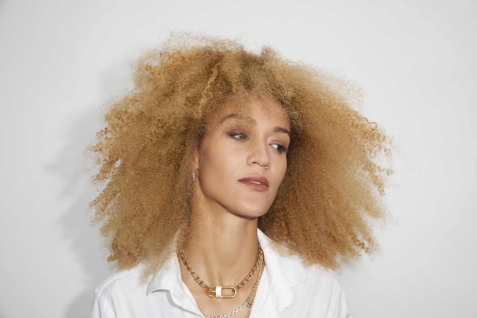 Golden-blonde custom color on natural coily texture at Spoke & Weal